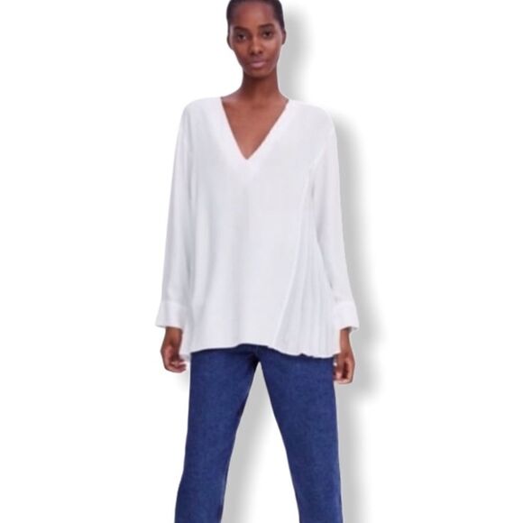 Zara SZ XS oversized white blouse pleated sides - Picture 1 of 4